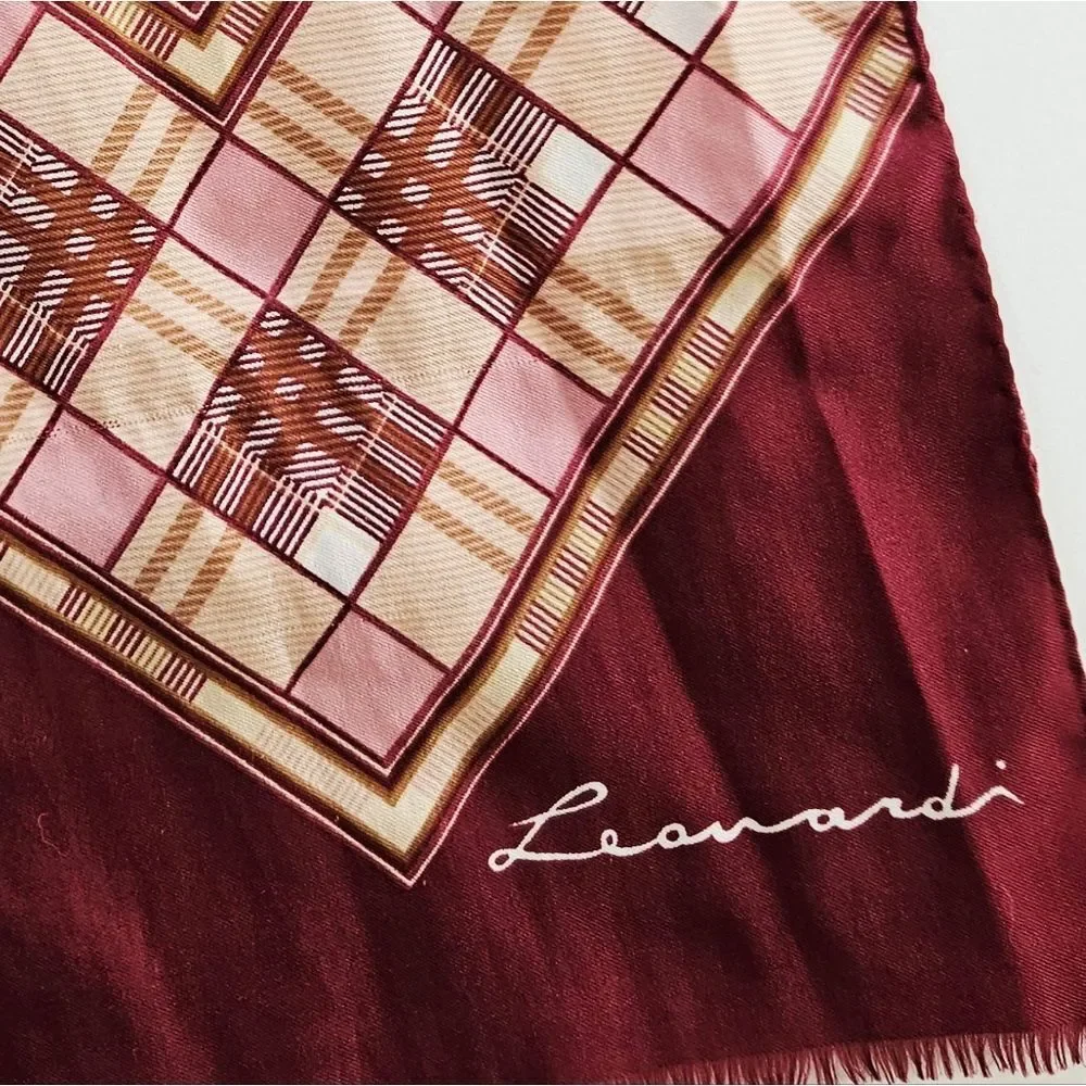 Vintage Leonardi Signed 100% Silk Burgundy Geometric Pattern Rectangular Scarf